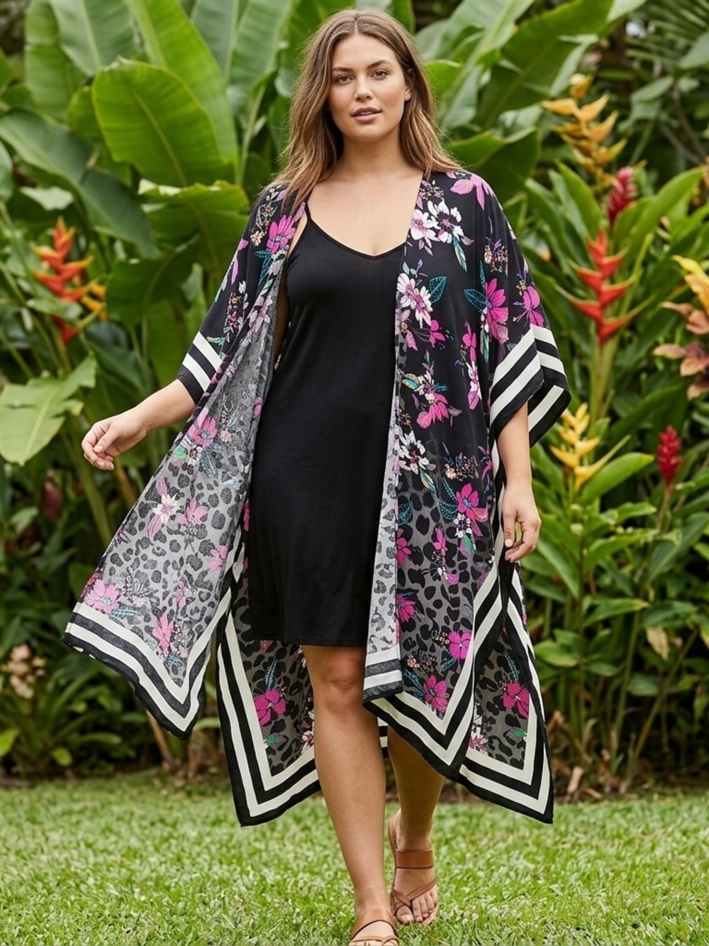 Steve Madden Black Floral Sheer Kimono with Pink, Teal & Purple Accents OS